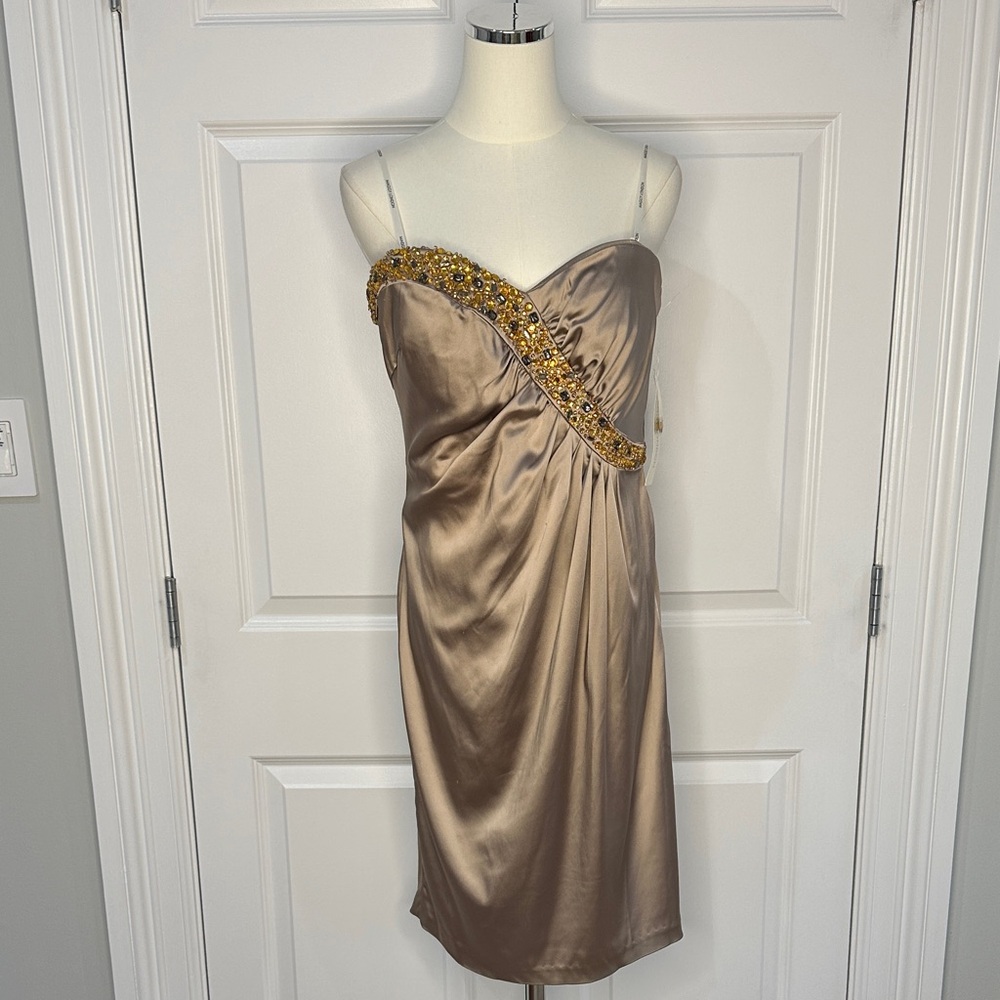 NWT Maggy London Champagne Strapless Satin Beaded Ruched Cocktail Dress Size 12